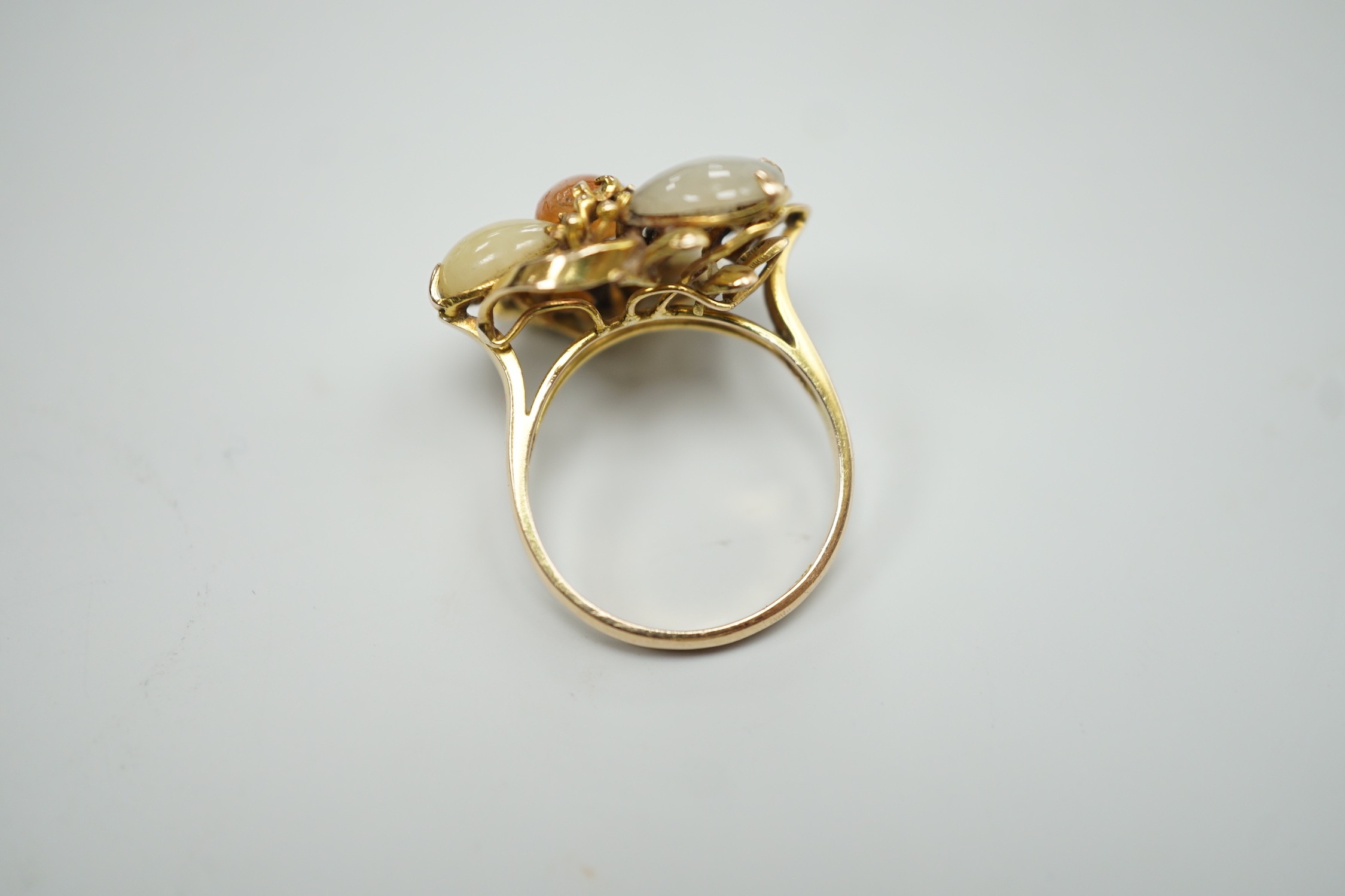 A modern 585 yellow metal and multi coloured cabochon jadeite cluster set dress ring, size N